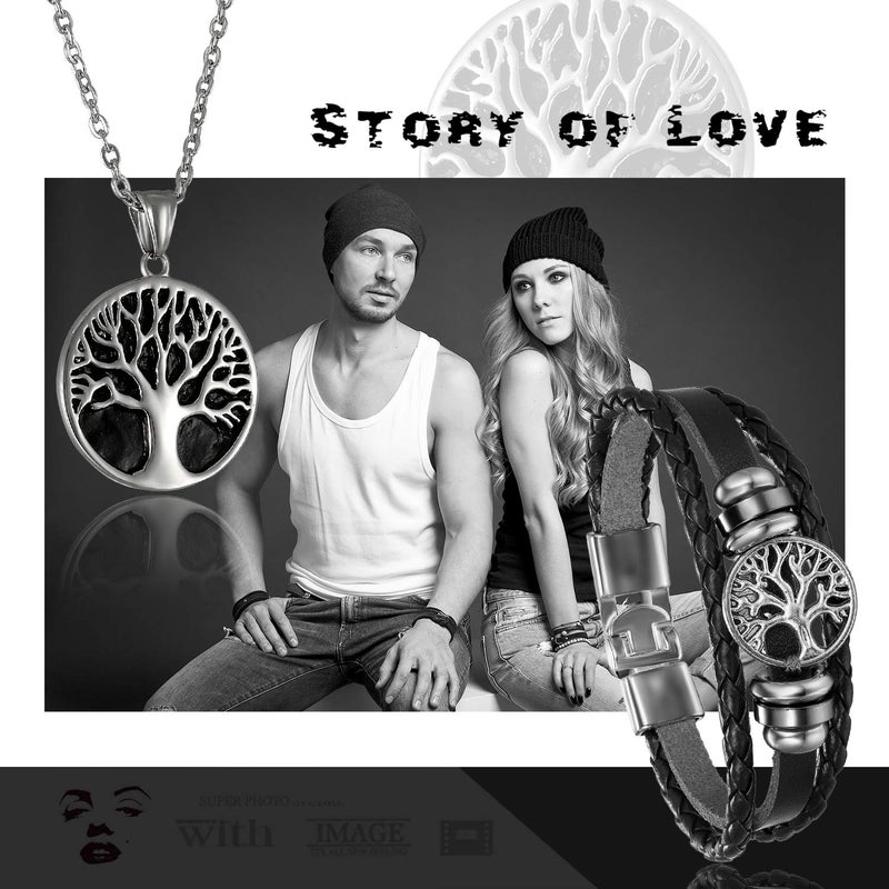 Cupimatch Men Tree of Life Symbol Pendant Necklace Leather Bracelet, Stainless Steel 22 inch Chian Jewelry Set (Black) - Image 2